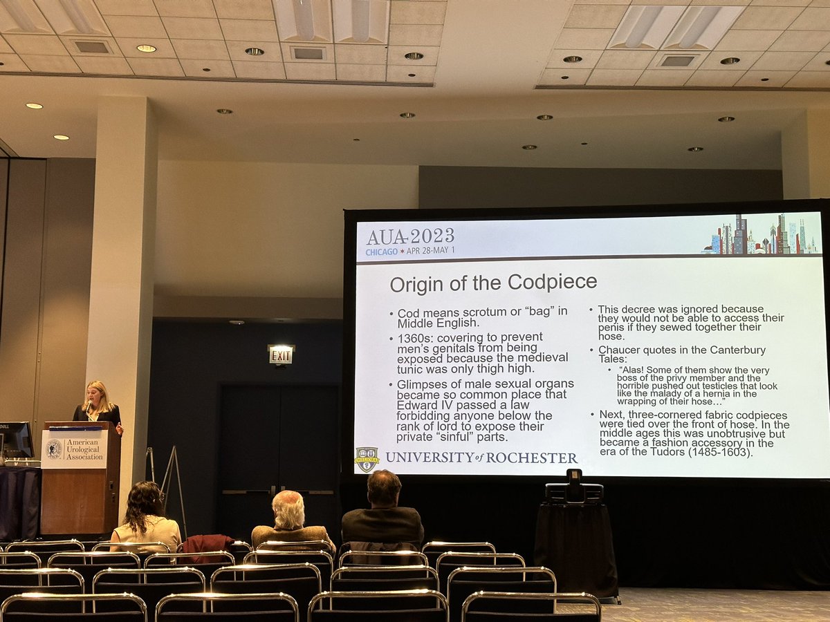 URMCUrology's tweet image. Rising #URMC chief @Dr_Liz_Ellis_MD speaking about all things #codpiece at #AUA23 - fascinating talk featuring the choice quote “… and the horrible pushed out testicles that look like the malady of a hernia…”