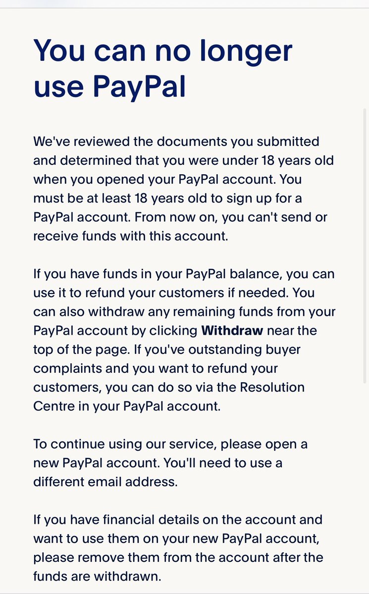 Magda Posluszny (@posmagda) on Twitter photo Just spent 4h trying to top up my <a href="/PayPal/">PayPal</a> account, unsuccessfully. After 4h PayPal, when i finally managed to send the $, they decided to close my account because i opened my account when I was below 18. That was 13 years ago. $ is also lost. How can this company be worth 83bn? Just spent 4h trying to top up my <a href="/PayPal/">PayPal</a> account, unsuccessfully. After 4h PayPal, when i finally managed to send the $, they decided to close my account because i opened my account when I was below 18. That was 13 years ago. $ is also lost. How can this company be worth 83bn?
