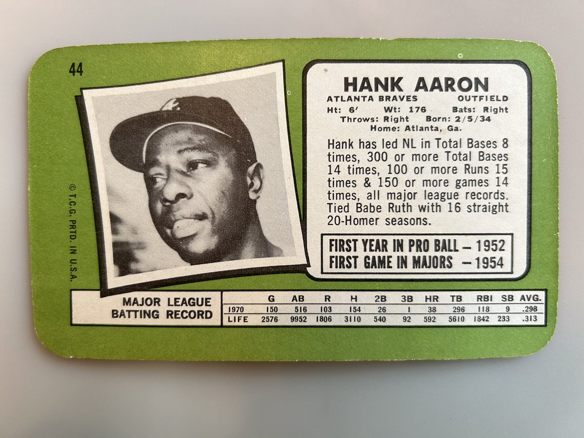 CardboardHistry's tweet photo. With this Hank arriving today, I now lack only #SweetLou & Al Kaline to complete the ‘71 #ToppsSuper set. Would love to get those 2 via trade! I can go “bigs for bigs” as I have ‘64 Topps Giants (including Kaline) & ‘71 Supers for trade. BTW, a solid ‘70 for the 36 yr old 🔨. https://t.co/cRgjh2PnHp