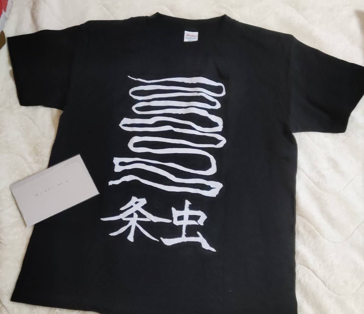 ファンレターと雷火さんTシャツいただきました!🪱 手作りだそうで、頼まれた業者がどう思ったのか気になるところです。 これに上着羽織ってファミレスでネームしますね! 嬉しいです!ありがとうございます!