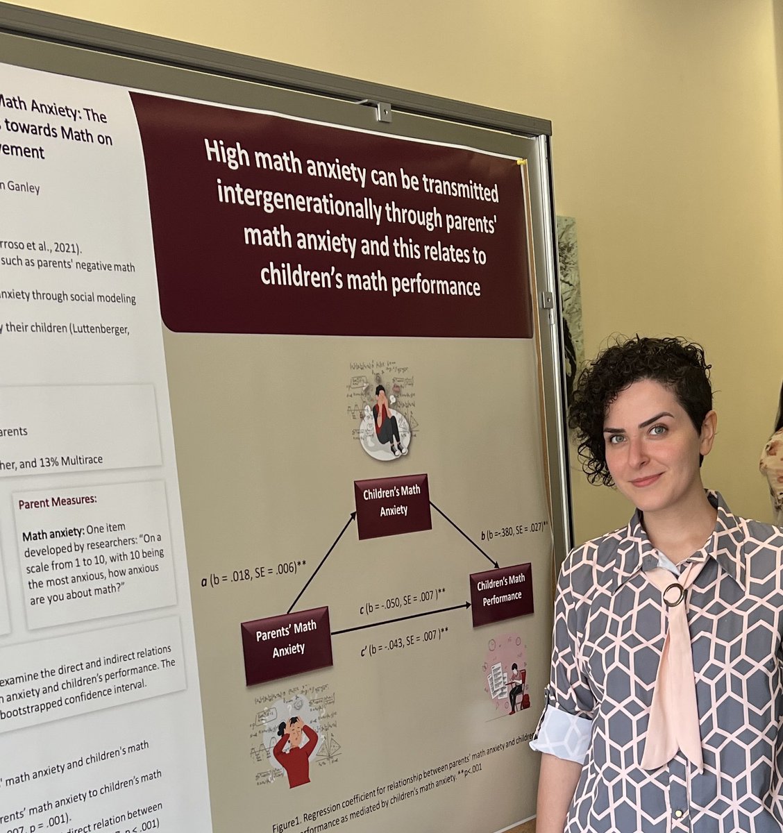 Zahra_MSharif1's tweet image. Presenting at our department Graduate Student Day today! 
🔸 High math anxiety can be transmitted intergenerationally through parents’ math anxiety. 
#FSU #GRD #Mathanxiety