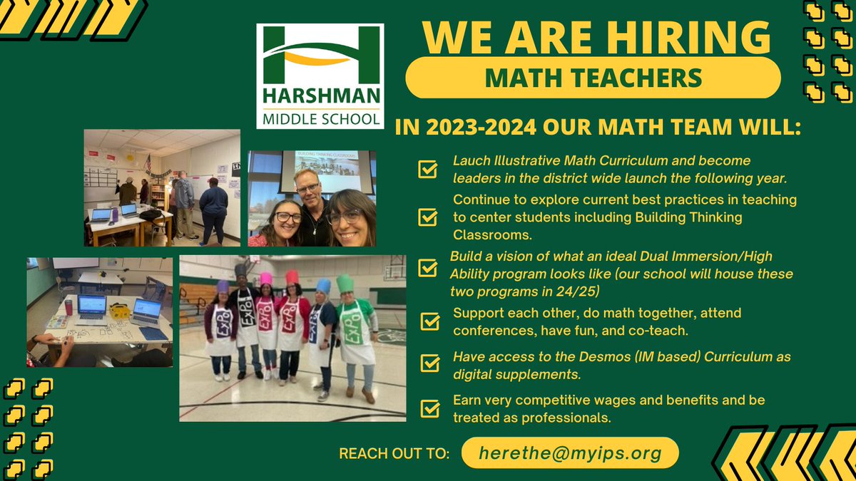 MsHereth's tweet image. I am super excited about next year at @Harshman_MMS and proud of the team I am building. We are special place to work and we have a super unique opportunity next year to grow our skills and learn from each other. Might this be a good fit for you? Reach out to talk more.