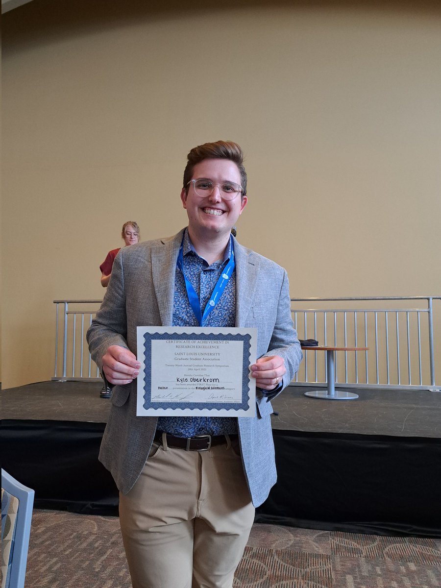 SLU_ITN's tweet photo. Congrats to our amazing trainees @lisahagena14 (Yosten-Samson lab @YostenLabSLU ) &amp; Kyle Oberkrom (Salvemini lab) for winning 1st &amp; 3rd best posters in biological sciences category at @SluGsa research symposium 
👏🏼🎉🎊🏅

@PharmPhysSLU @slusom 

#AcademicTwitter #ScienceTwitter https://t.co/V5L8ZKbhFu