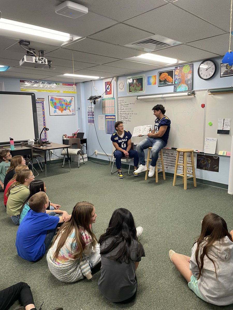 NAU_Football's tweet photo. Thank you DeMiguel Elementary 5th grade for allowing our players to read to your classes!! See you in the fall! https://t.co/T5IlC9aZQ2