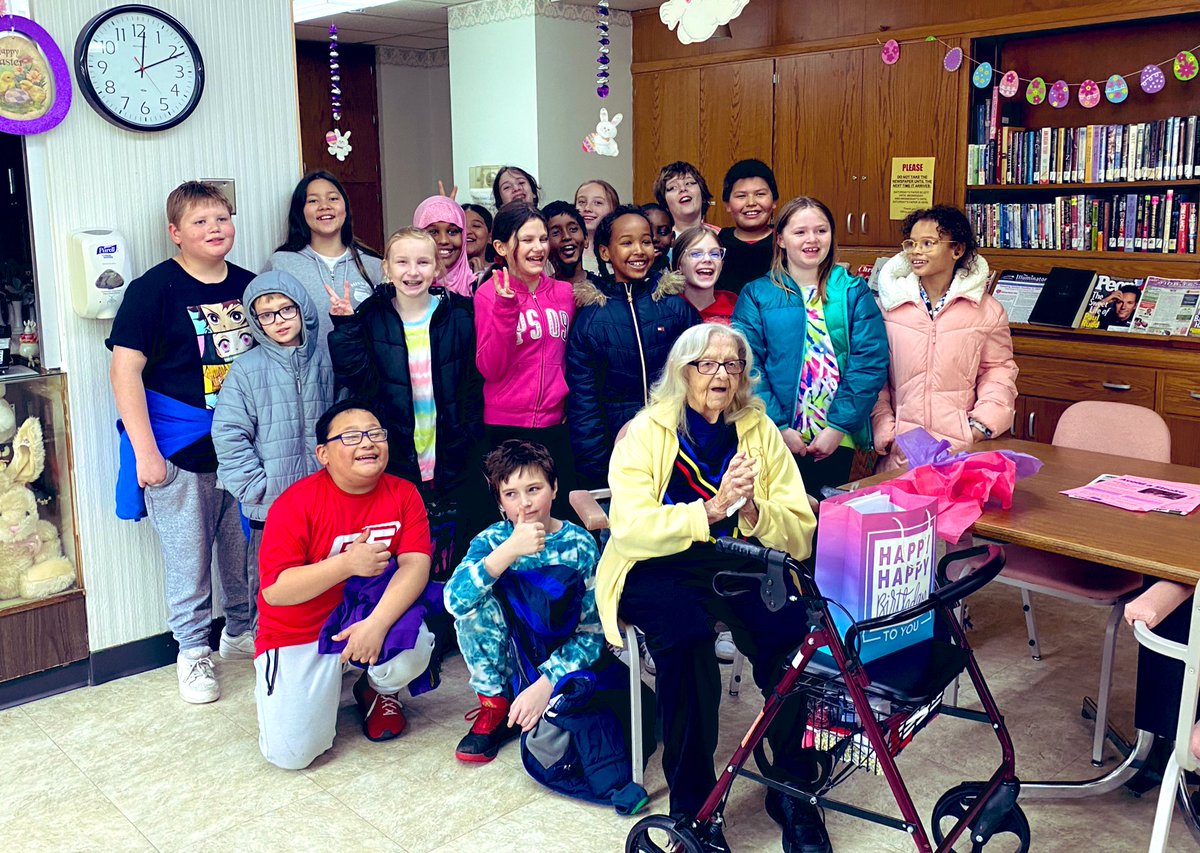 mcintyreclass4's tweet photo. We got to wish Steffie at St. Anne's Guest Home a Happy 100th Birthday today! She even did a little dance with her walker for us! #bethelight @WinshipGFPS https://t.co/k8ktF0nWvu