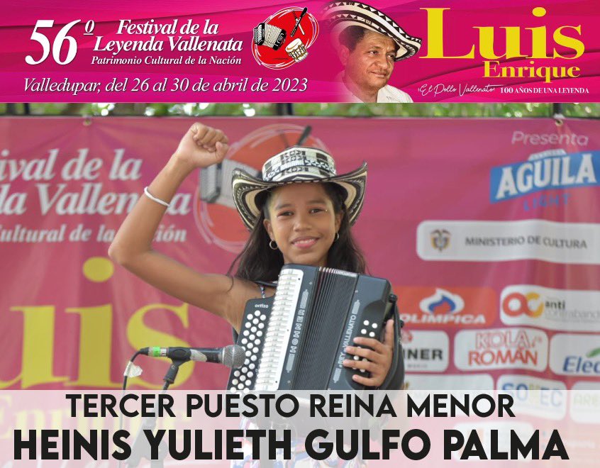 Sofía Pinzón Donado es la nueva Reina Menor del Festival de la Leyenda Vallenata en su versión 56.
El segundo lugar fue para Laura Sofia Benítez y el tercero para Heinis Gulfo. 

#FestivalVallenato #Vallenato #PolloVallenato <a href="/mincultura/">MinCultura Colombia</a>