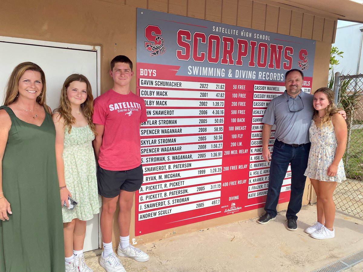Today was a special day for Satellite High Swim &amp; Dive. We recognized current and former Swimming Scorps on our new record board. Thank you to Schumacher Orthodontics for your generous donation of the new record board.