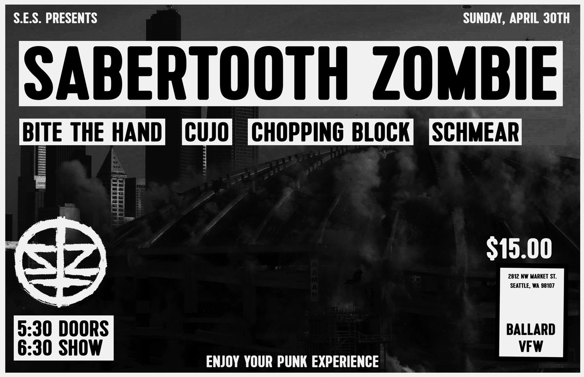 skiffthemyth's tweet image. Last update before Sundays Seattle gig. SCHMEAR added. 6:30 Show! Bring your mom. Show will be done by 10.

#sabertoothzombie #bitethehand @CUJOWOOFWOOF #choppingblock #schmear #nwhc #seattlehc