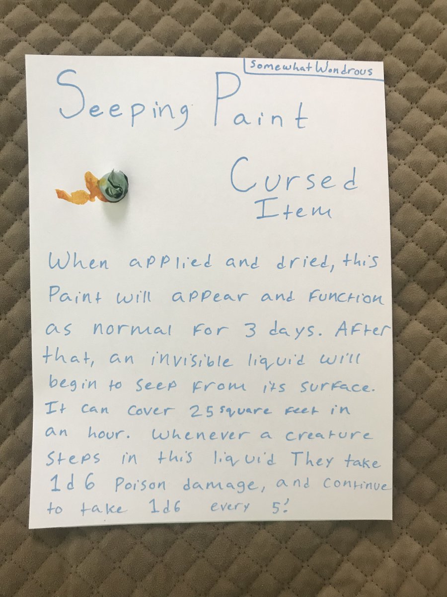 Seeping Paint: Cursed Item

#dungeonsanddragons #dnd #dnd5e #dndhomebrew #dndhomebrew5e #diy #magicitem #magicitems #wondrousitem #magic #art #dungeonsanddragons5e #dungeonsanddragonshomebrew