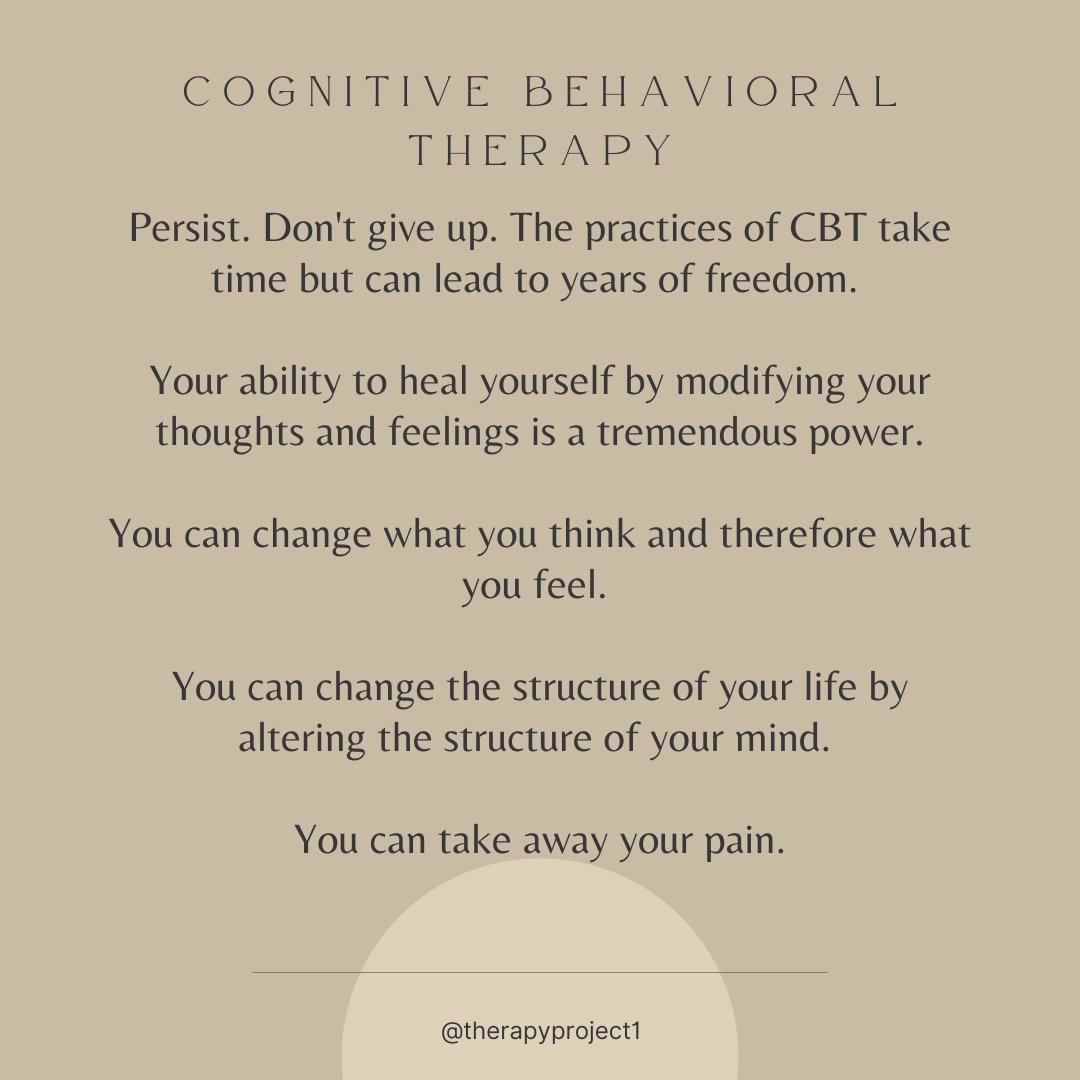 TherapyProject1's tweet photo. Hello Friends! This is the last from our CBT series. Change happens when you do something. Be diligent in your practices. Persist. Don't give up. The exercises we've covered take time but can lead to years of freedom. #therapyproject #mentalhealth #CBT #therapy #cognitive https://t.co/6UWJgvpifU