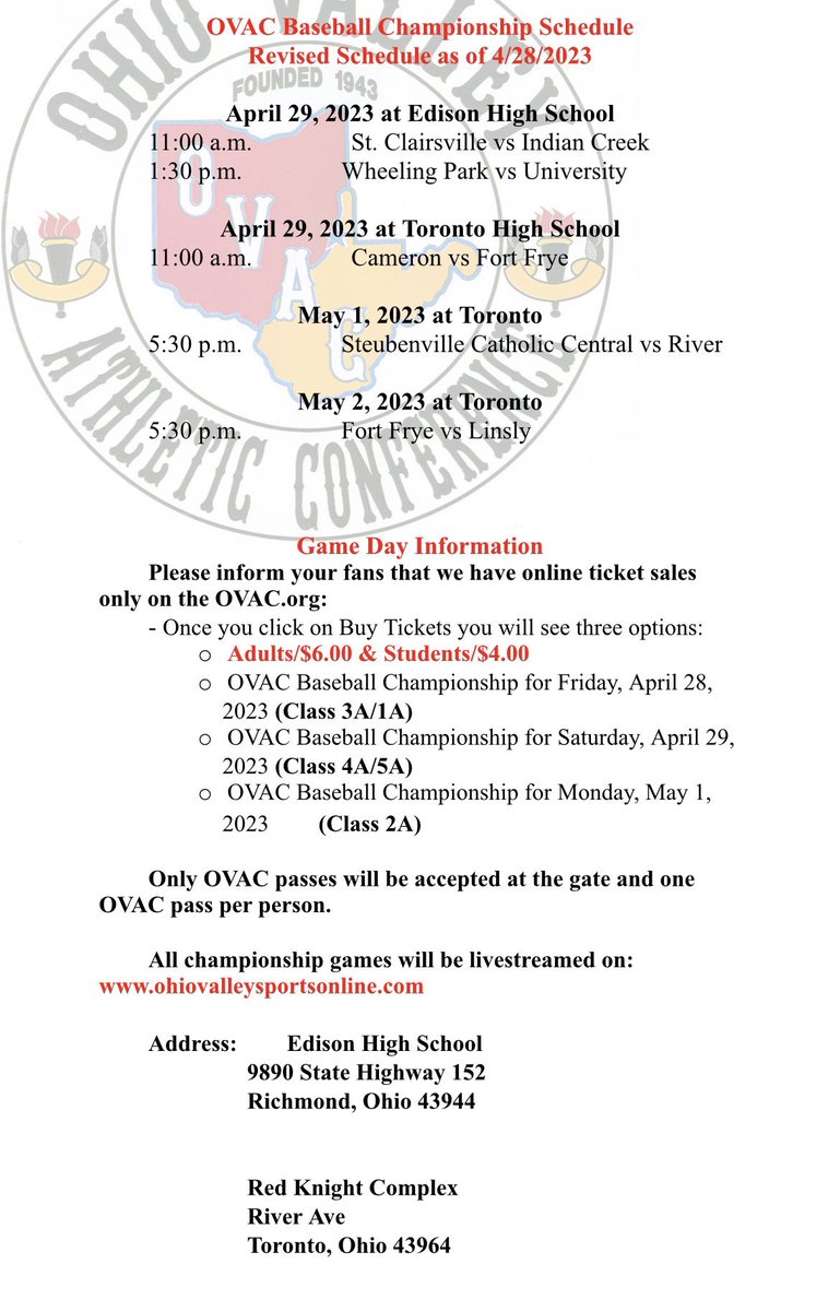 OVAC Baseball Championship game vs Fort Frye has been rescheduled for Tuesday, May 2nd at Toronto.