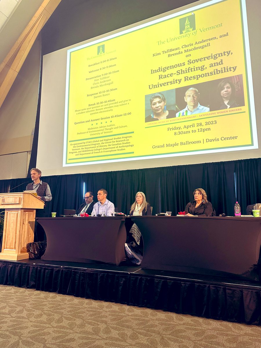 lucifly's tweet photo. Big morning this morning - thanks @uvmvermont for hosting @KimTallBear, Chris Anderson, Brenda Macdougall &amp; Darren Ranco to talk about university responsibility and Insigenous sovereignty and race shifting. https://t.co/HezbyJ5lVx