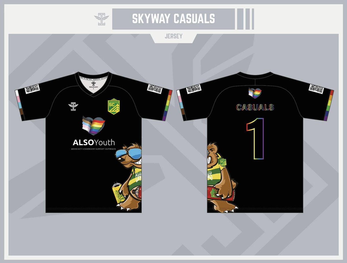 SkywayCasuals's tweet photo. 2023 Skyway Casuals charity kit sales are now live! They are $65 each or $75 to include name/number on the back. Proceeds to benefit @ALSOYouth

👀 QR code on the sleeve, you’ll be able to easily donate to support LGBTQ+ youth in Sarasota/Manatee Counties

https://t.co/v0TY0Kyial https://t.co/qCzw7vKwVy
