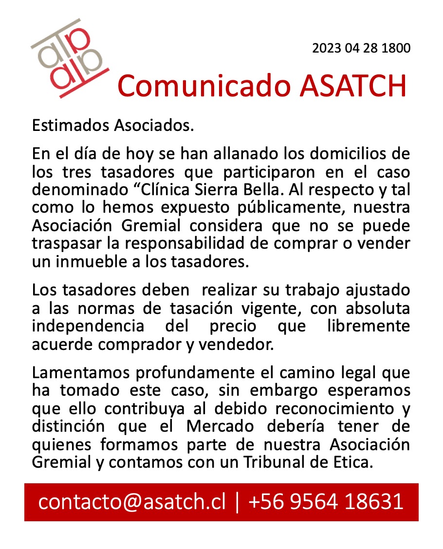 tasador_asatch's tweet photo. Comunicado del directorio de #Asatch ante los últimos acontecimientos referidos al caso de las #tasaciones y #tasadores de la ex clínica #sierrabella https://t.co/puBaYox8mw
