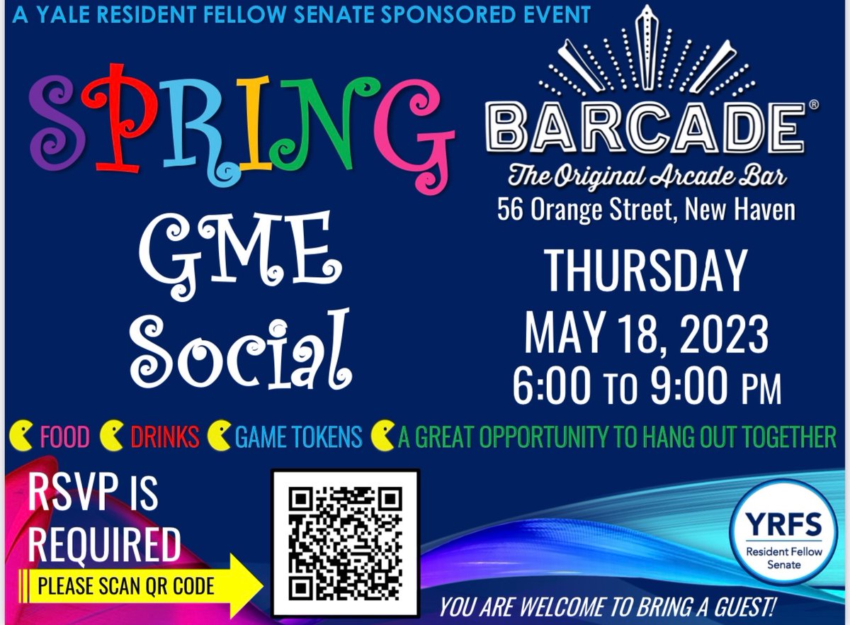 YaleHousestaff's tweet photo. Join us on May 18 for our YRFS Sponsored Spring Social at Barcade! 💥 There will be food, drinks tickets and tokens already purchased for you! Make sure to RSVP with the QR code (we do need to order enough food for everyone🌭) Can’t wait to connect and have fun with everyone! https://t.co/OLBusvMx1d