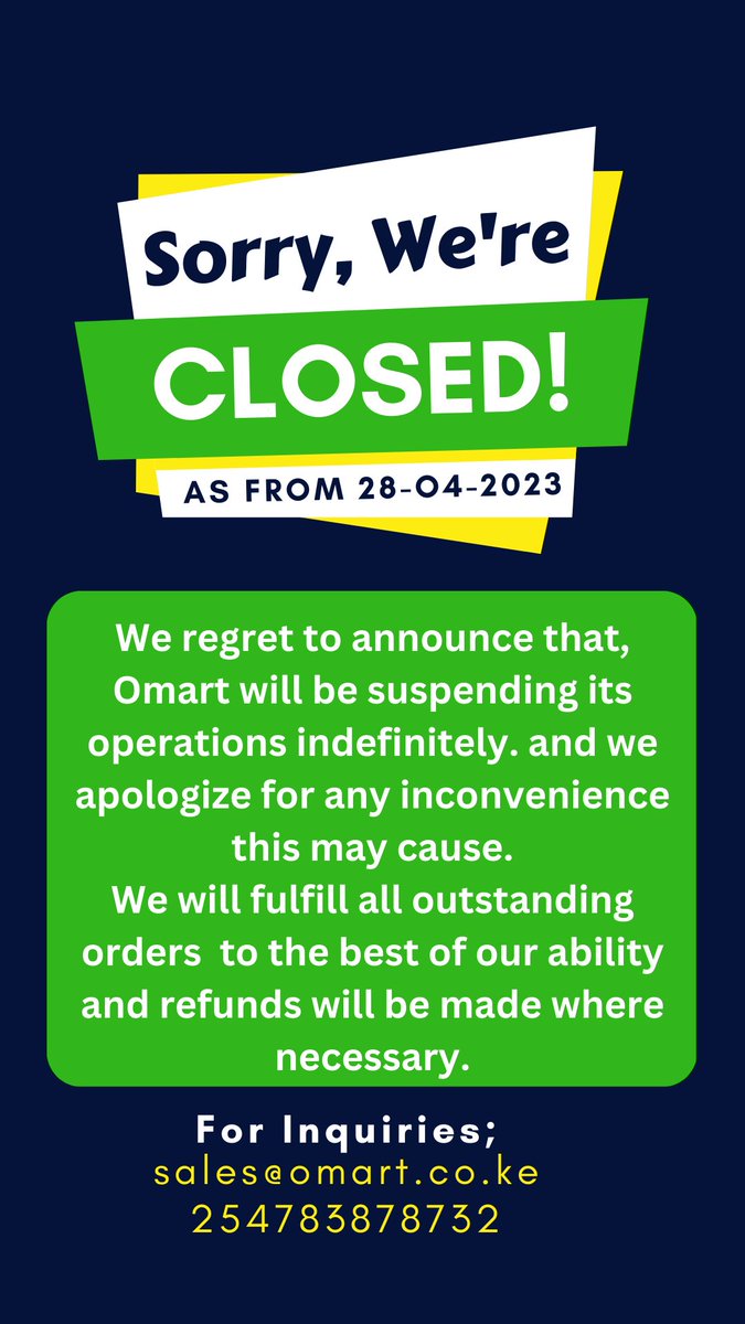 KenyaOmart's tweet photo. Suspension of operations;
We regret to announce that Omart will be suspending its operations indefinitely. 
We understand that this news may come as a disappointment to our loyal customers and partners, and we apologize for any inconvenience this may cause. https://t.co/5iVv22enyN