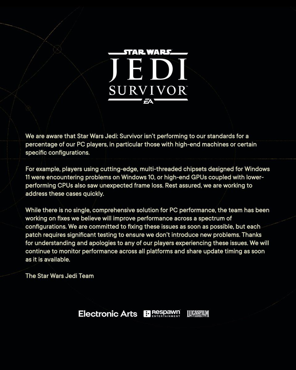 ModernWarzone's tweet photo. The gaming industry has a widespread problem when it comes to MAJOR publishers KNOWINGLY releasing completely broken games and products then releasing shitty apologies shortly after they’ve made their money from initial sales. 

#JediSurvivor is the latest in this trend. https://t.co/zJ1oidutyD