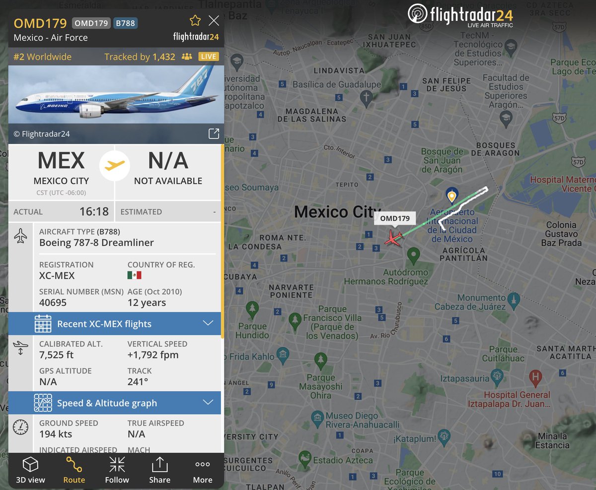 flightradar24's tweet photo. It’s finally happening: the Mexican government’s long-stored 787 is beginning its journey to new owner Tajikistan. First stop: Tucson for US customs clearance. Then on to California for repainting. https://t.co/jlPC1b1a7G https://t.co/d8U2Gkf7bV