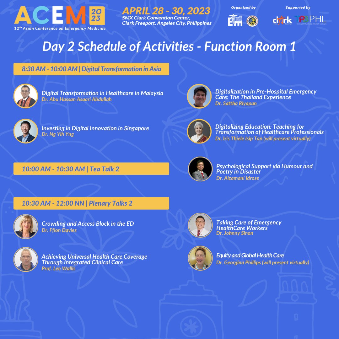 ACEM2023's tweet photo. It's Day 2 of ACEM 2023!

Check out the schedule of informative tracks that will happen today at the SMX Convention Center Clark and online.

For interested delegates, you register at https://t.co/ft5JIjZnC5

#ACEM2023 #EmergencyMedicine #12thACEM #ClarkPhilippines #GlobalHealth https://t.co/1Se0QLKRNg