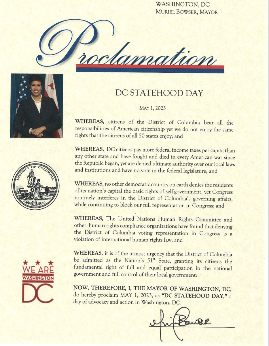 Thanks ⁦<a href="/MayorBowser/">Mayor Muriel Bowser</a>⁩ for proclaiming May 1 DC Statehood Day!