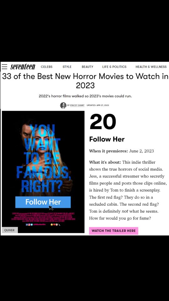 Thank you @seventeen for including @FollowHerFilm in your pick for #BestHorrorMovies2023 Available June 2 in theatres and On Demand thanks to @QuiverDistrib

 #womeninhorror #thriller @iamdanibarker @giddyway @elianajones_ @gansmedia @SibylSantiago