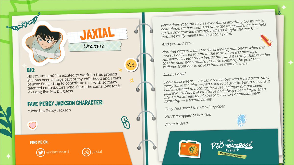 ☀️📗 Writer Spotlight 📗☀️
 
Reading about Percy's antics on the page can be as comforting &amp; familiar as it is funny, exciting, &amp; adventurous — with characterization that matches our resident hero's big personality perfectly, <a href="/xiaorecord/">jun saw nct dream!!!! @ zines</a> is a perfect writer for this project!