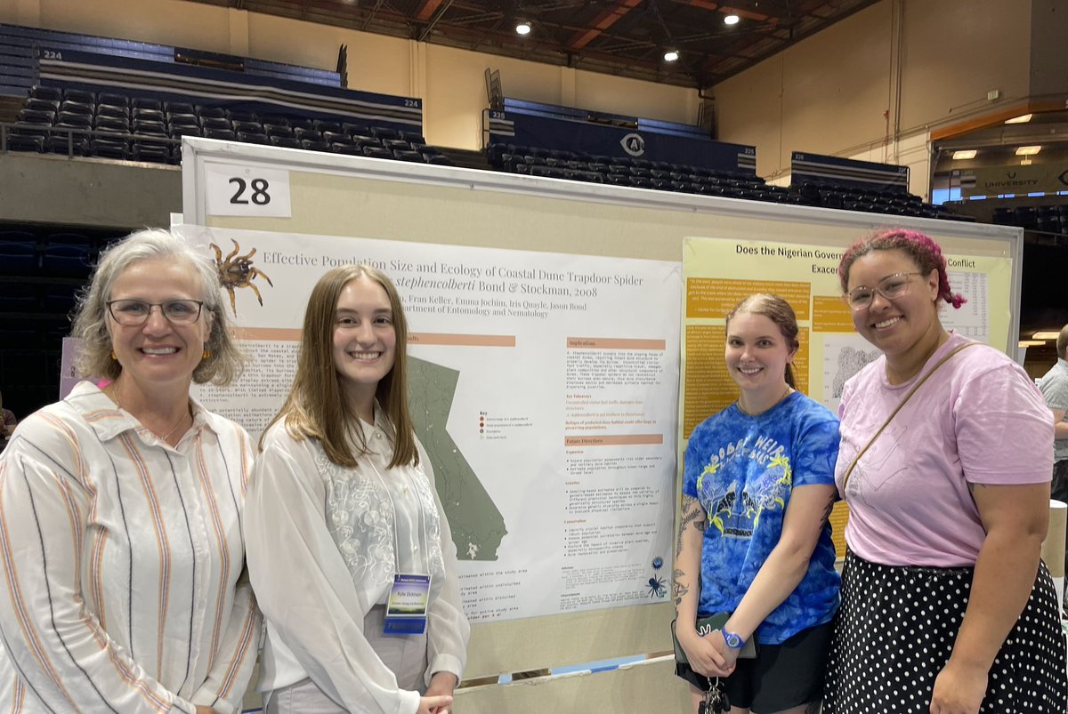 fran_keller's tweet photo. Kylie from @flcfalcons &amp; @ucdavis @Jason_E_Bond Spider Lab out @ #undergradresearchconference talking up summer 2022 research about that charismatic @StephenAtHome Aptostichus stephencolberti #trapdoorspider &amp; the crew providing smiles &amp; support! Woohoo! So proud of her hard work https://t.co/5yQoFtJDpG