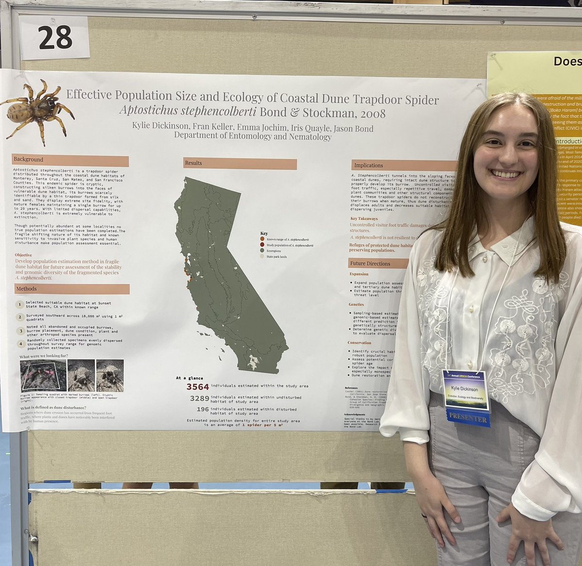 fran_keller's tweet photo. Kylie from @flcfalcons &amp; @ucdavis @Jason_E_Bond Spider Lab out @ #undergradresearchconference talking up summer 2022 research about that charismatic @StephenAtHome Aptostichus stephencolberti #trapdoorspider &amp; the crew providing smiles &amp; support! Woohoo! So proud of her hard work https://t.co/5yQoFtJDpG