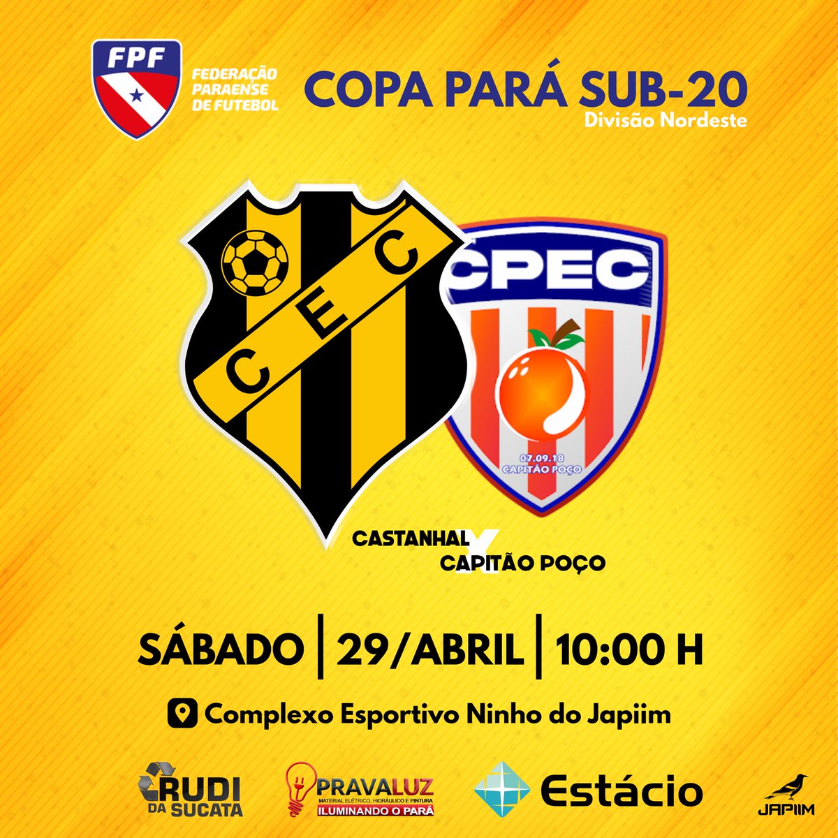 Castanhalec1924's tweet photo. 🏆 COPA PARÁ SUB-20
▶️ @FPFPARA 
⚽️ CASTANHAL x Capitão Poço
🗓️ Sábado (29/04) - ⏰ 10:00 hs
🏟️ Complexo Esportivo Ninho do Japiim
📍 Rodovia PA 136, Km 02 (Saída para Curuçá)

▶️ ENTRADA PORTÃO PRINCIPAL CT

🆓 Bilheteria liberada! https://t.co/u21DjDDiyE
