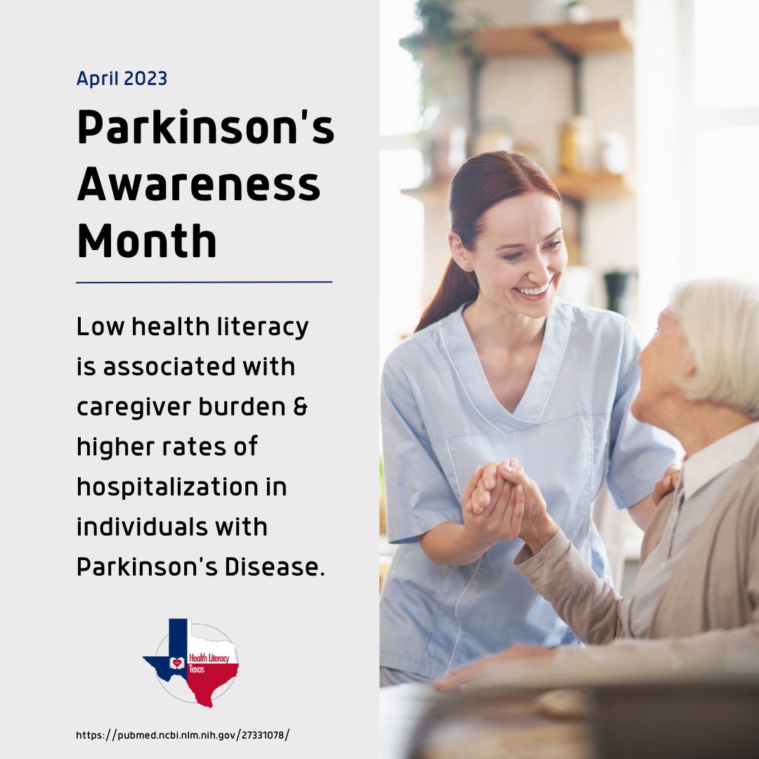 HealthLitTX's tweet photo. April is #Parkinson'sAwarenessMonth! Read below to see how health literacy impacts individuals with Parkinson's. 

#health #healthliteracy #publichealth #healthcare #community #equity #education #nonprofit https://t.co/uPWQIRmXMJ