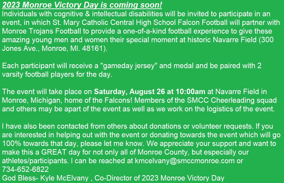 Victory Day is an event that started in Trenton, MI. & has been duplicated not only around the state, but by HS & colleges around the country! If you wish to contact your athlete/participant, please visit the following form below: docs.google.com/forms/d/e/1FAI…