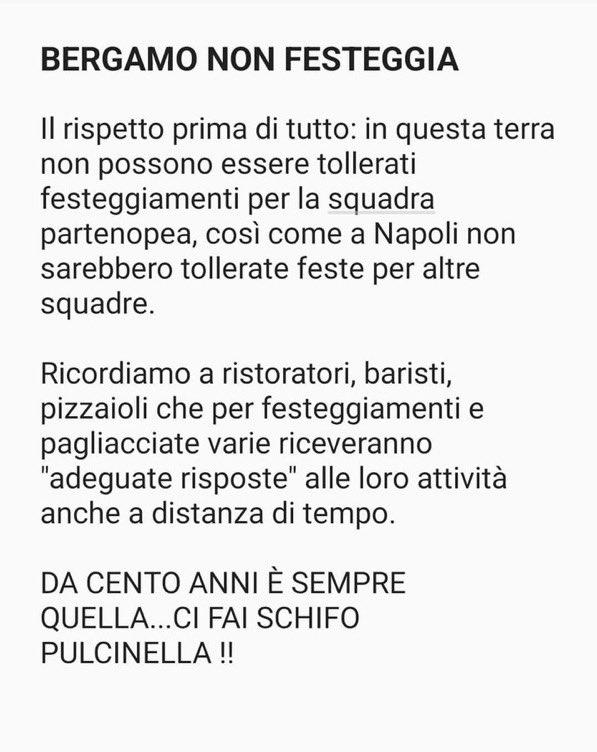 Non è questione di calcio, non è questione di tifo. È certamente opera di qualche piccolo gruppo, che offende Bergamo e i suoi abitanti. 
"Adeguate risposte" anche a distanza di tempo, è un modo di pensare mafioso. Punto.