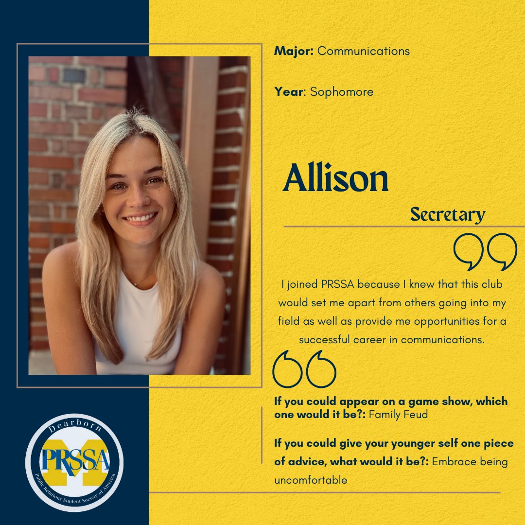 UMDearbornPRSSA's tweet photo. Last up for our new member highlights is our Winter 2023 secretary, Allison Boka! 😊✨

Allison is a communications sophomore. https://t.co/Q5W4b4w3ON
