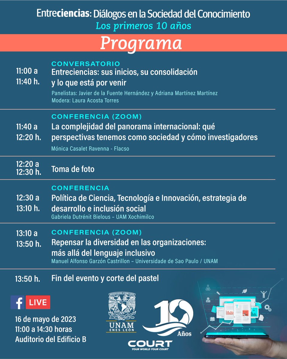 entreciencias's tweet photo. #SaveTheDate 

Conoce el #programa que hemos preparado para celebrar los primeros 10 años de #Entreciencias

📆 16/05
📍Auditorio B3 de la @ENESUNAMLEON 
🛑 Facebook Live https://t.co/Kv37f9uHkp https://t.co/XvKqXcS8Oj
