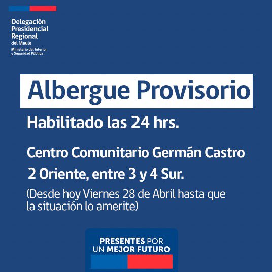 DPRMaule's tweet photo. #TALCA 📣 Información importante | Albergue Provisorio Habilitado.

📍Dirección: Centro Comunitario Germán Castro. (2 Oriente entre 3 y 4 Sur). 

⏰ Habilitado las 24 hrs.

#DPRMaule #Talca #Albergues https://t.co/xrTrdYaVUN