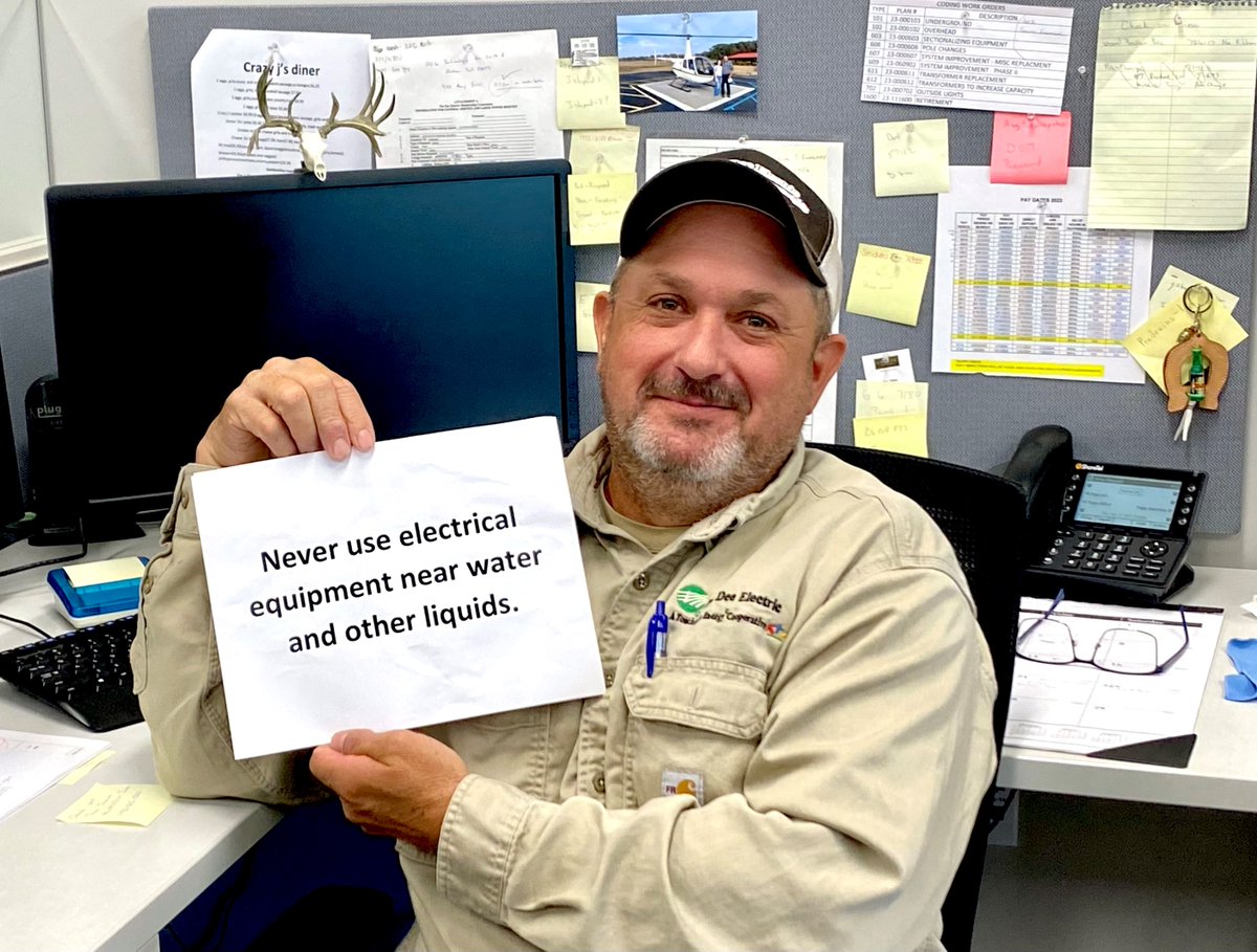 Concluding Electrical Safety Month, Pee Dee Electric's Staker, Jerry Shepard, reminds us never to use electrical equipment near water and other liquids. #ElectricalSafetyMonth #PoweringABrighterFuture #SafetyAtPeeDee