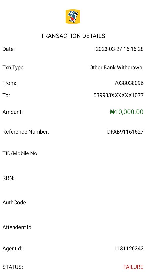 Ogbenilanre_'s tweet image. Agent I'd: 1131120242
Bank name:Gtb
Trans Id:111671890
Amount: #10,000
Date: 27-03-2023
Account name: FOLASHADE AKINOLA
Trans status: failure
Trans type: WALOTHTXNDN
Reference No:DFAB91161627

#Opay/Nysc/Lampard/#momopsb #AlNassr