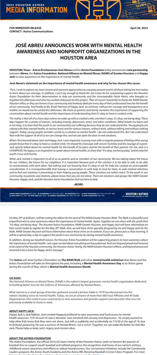 MrDiegoBentz's tweet photo. Jose Abreu, an amazing person doing amazing things. I'm honored to represent a great ballplayer who happens to be a greater human...
@astros @AstrosCares @mlb @MLBPA_News @HappyJacksWorl1 @NAMIHouston #NAMIWalk #MHAM2023 #JuntosParaLaSaludMental #Houston #MentalHealthAwareness https://t.co/JqNVeZsVeG