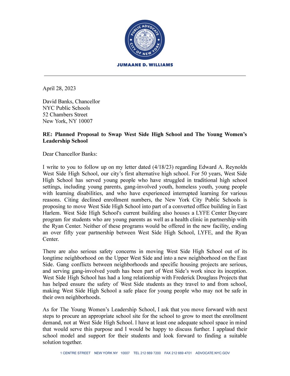 nycpa's tweet photo. Read the Public Advocate's letter on the plan to swap West Side High School and @StudentLeadNet: 

As NYC public schools attempt to address multiple social crises, West Side High School should be invested in to help provide creative solutions. ➡️ More: https://t.co/dt2uqHwWWC https://t.co/iWnkpCKu6w