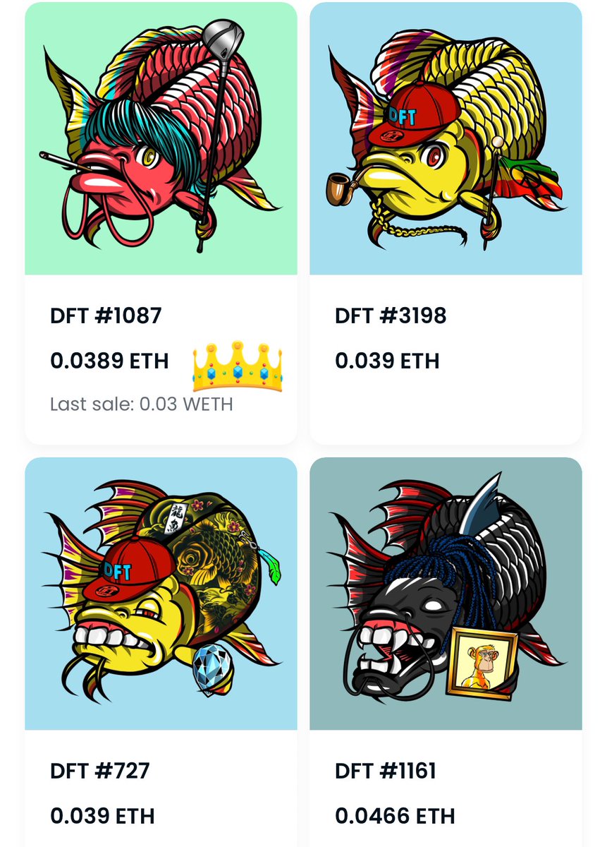 miner_ca's tweet photo. 🐡本日のDFTフロア価格発表!🐡
　　　🌟0.0389eth！🌟
            
         DFT‼️DFT‼️DFT‼️
　　
　　　👑の魚はお得かも〜！
　　　
今日も#chokkaku_mooooooon🚀
#BuzzDFT #DFT #DFTSW
⬇️DFT購入リンク⬇️
https://t.co/03CLPAUO7l https://t.co/4KWZi5hqJp
