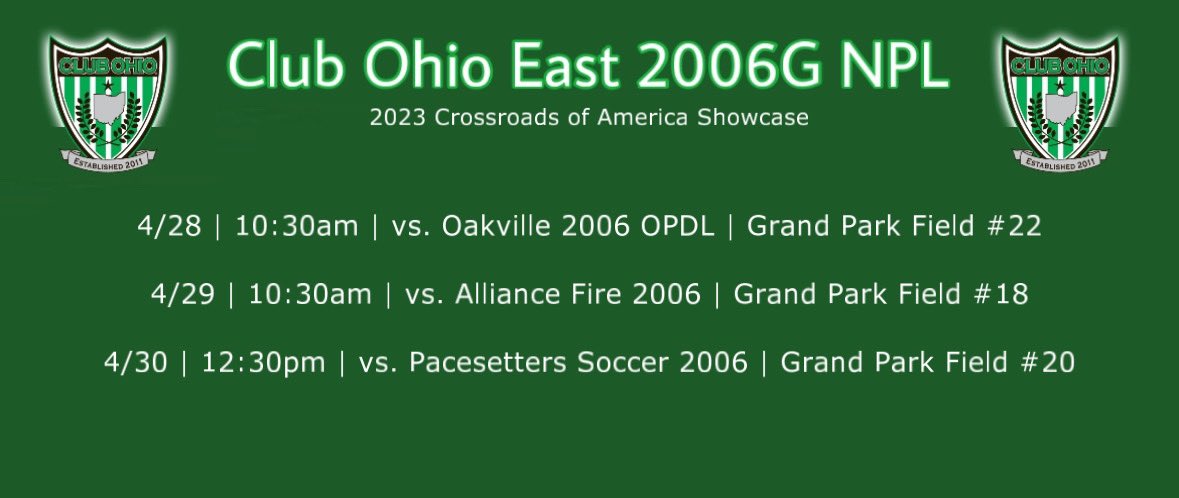 Come see me and my team take on some competition at the Crossroads Showcase this weekend.

Club Ohio 06G East
Annie Dearth #18 
Center defender