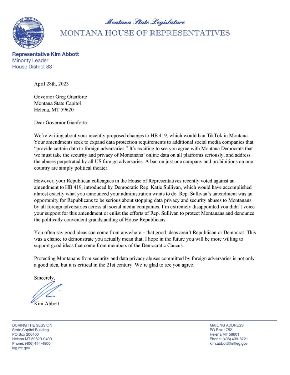 House Minority Leader @Kim_AbbottMT sent the following letter to MT Gov. Greg Gianforte regarding his administration's proposal to amend HB 419, the TikTok ban, almost identically to Rep. @KatieSullivanMT's amendment killed by House Republicans recently #mtpol #mtleg