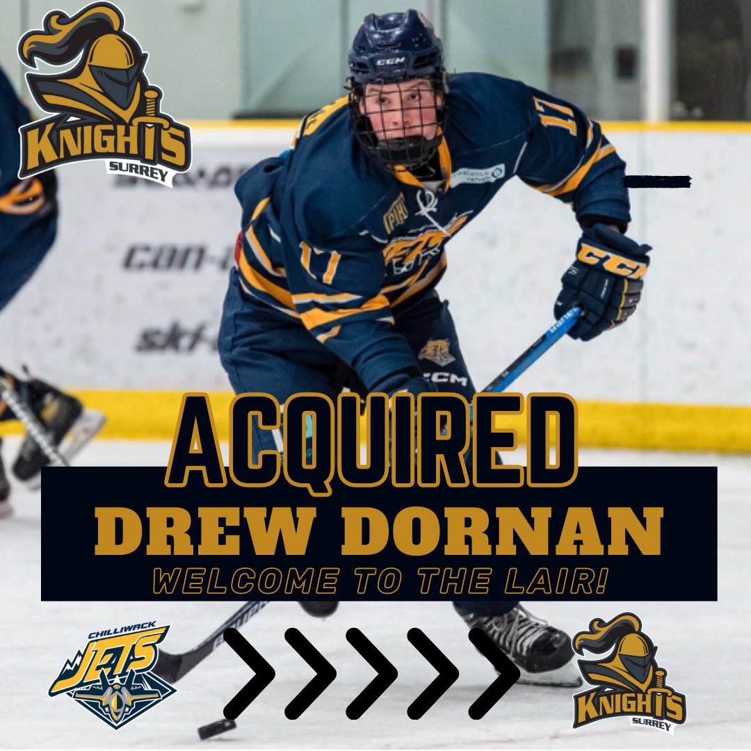 AndyKnightsHC's tweet photo. ICYMI: Earlier this week, Surrey made the acquisition of 2004 Forward Drew Dornan. Drew posted 11G 9A in 27GP last season. He has 38 GP in the BCHL  with 1G and 3A. Drew will no doubt help bolster our front end heading into the 2023/24 Season. #rollknights🏒⚔️ https://t.co/yqX8R7tVTa