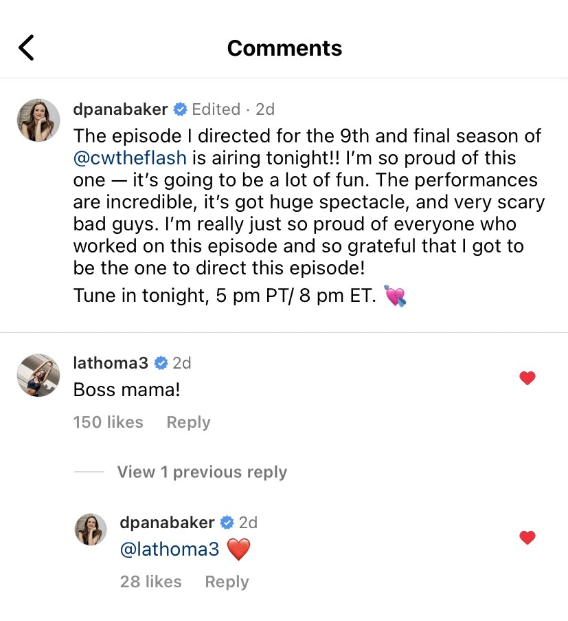 LA commented “boss mama!” on Danielle’s instagram reel to support her fifth and final time directing The Flash 🥹
