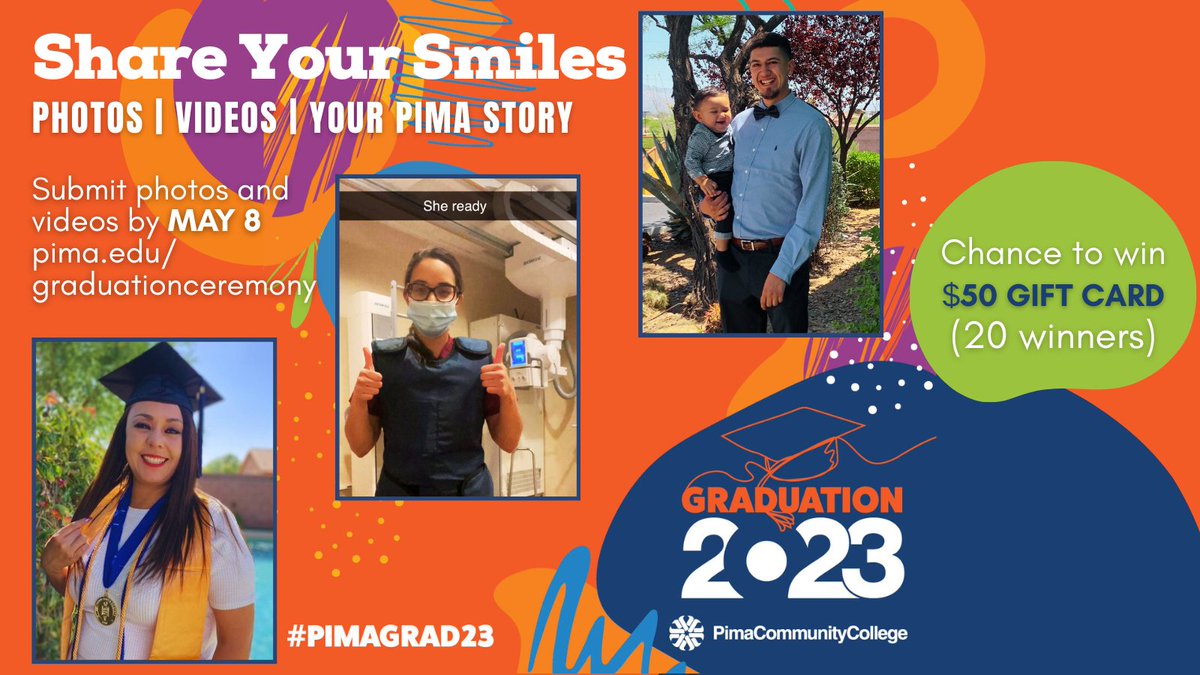 pimatweets's tweet photo. Share your success at #pimacommunitycollege! Members of #pimagrad23 who send us their favorite photos and videos of themselves by May 8 could win a $50 gift card (20 winners). Submit them at https://t.co/eiZXjq6vx4.
Graduation is May 24 @TCCTucson Arena.
@pimastudentlife https://t.co/3W0NSyeEvJ