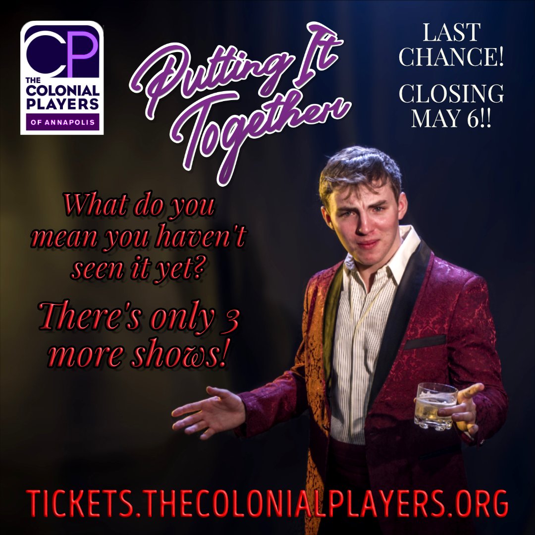 It's the final weekend for 🍾🎭🎼Putting It Together🎼🎭🍾
Join us until May 6 for a little night music in Annapolis!!
🎟Tickets available from link in bio!
#puttingittogether #sondheim #sondheimforever #sondheimrevue #sondheimtheatre #naptownscoop #communitytheatrerocks