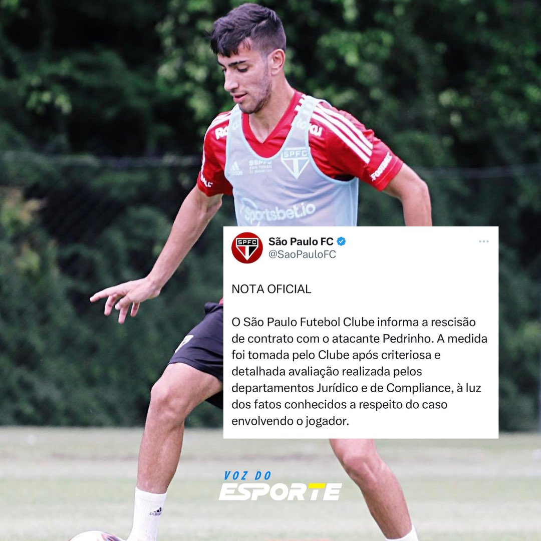 Voz do Esporte (@_vozdoesporte) on Twitter photo O São Paulo comunicou que rescindiu hoje o contrato do atacante Pedrinho.
📸<a href="/SaoPauloFC/">São Paulo FC</a>
#saopaulo #tricolor #futebol O São Paulo comunicou que rescindiu hoje o contrato do atacante Pedrinho.
📸<a href="/SaoPauloFC/">São Paulo FC</a>
#saopaulo #tricolor #futebol