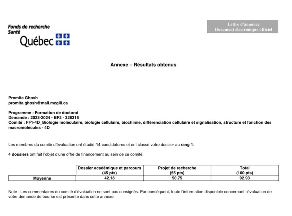 Promita Ghosh (@ghoshonthemove) on Twitter photo I am deeply honored to have received the FRQS fellowship on my first try! Securing the 1st rank out of all the outstanding applications is incredible. Thank you <a href="/FRQS1/">FRQ - secteur Santé</a> for believing in me and my science!
#phdlife #award I am deeply honored to have received the FRQS fellowship on my first try! Securing the 1st rank out of all the outstanding applications is incredible. Thank you <a href="/FRQS1/">FRQ - secteur Santé</a> for believing in me and my science!
#phdlife #award