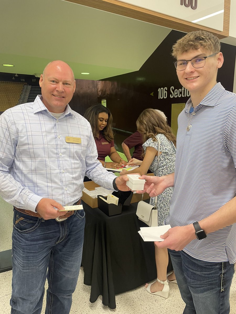 jason_bram's tweet photo. I was proud to present my oldest son Jake his Texas State college ring today.  Thank you to the @txstatealumni and @kdamp for a great ceremony. https://t.co/n6BMJVo0j5