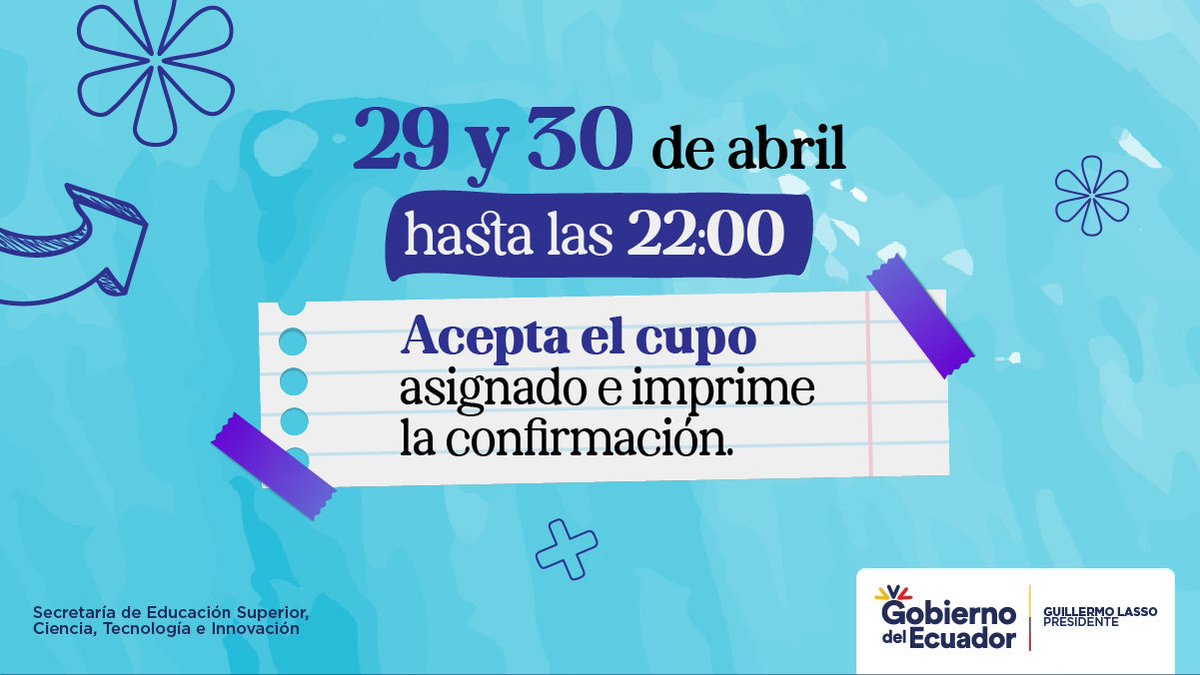 EduSuperiorEc's tweet photo. ¿Rendiste tu evaluación en una Universidad con proceso de admisión propio?

👉 Si obtuviste un cupo matricúlate en la institución seleccionada.
👉 Si no lo obtuviste, ingresa nuevamente a la plataforma para verificar si un cupo no aceptado por otro aspirante te fue adjudicado. https://t.co/GaUXn4BKhp